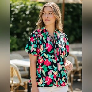 Haptics Floral Print Front Tie Blouse